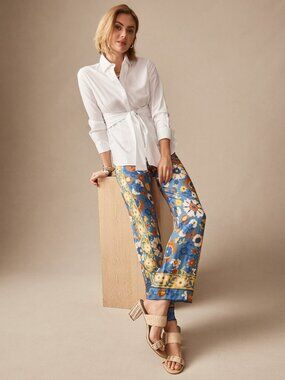 J McLaughlin Carter Silk Blend Pants in Floral Daydream - Blue/Yellow/Brown NEW